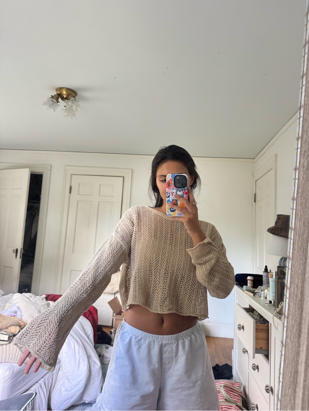 Pull & Bear tan crochet sweater with bell sleeves in a S
